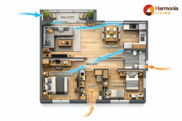 Thiết kế mặt bằng nội thất theo dòng lưu chuyển của khí. Tránh góc chết, tụ khí độc
